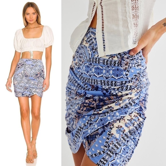 NWT FREE PEOPLE Mini Skirt Ruched Retro Y2K Floral Patchwork Scarf Faux Wrap XS - Picture 1 of 9